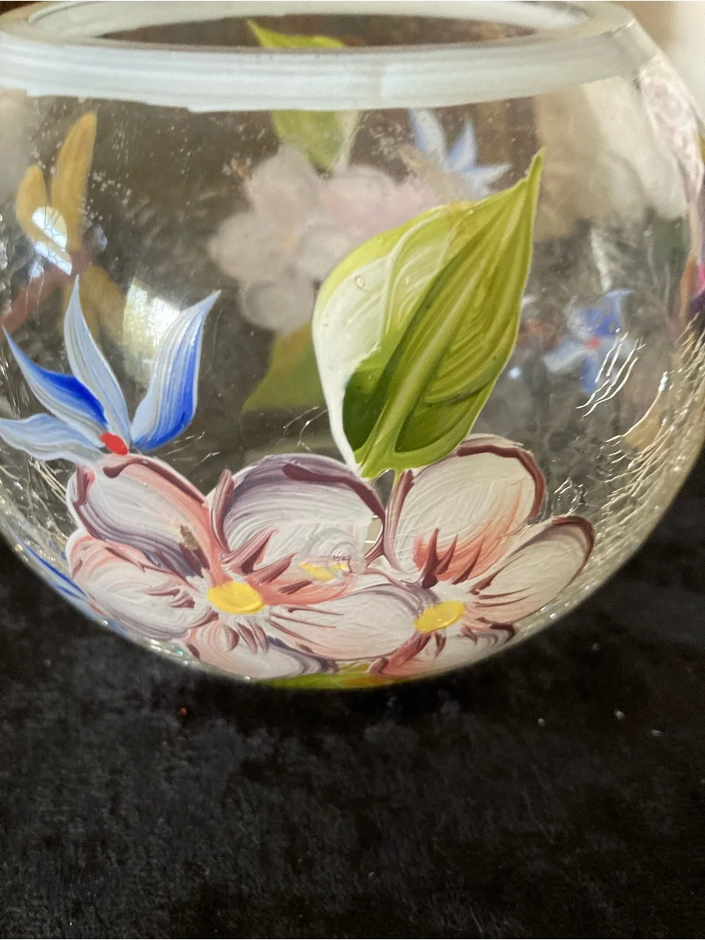 Crystal Hand-Painted Dragonfly Crackle Glass Bowl Vase - Pink Flowers Yellow